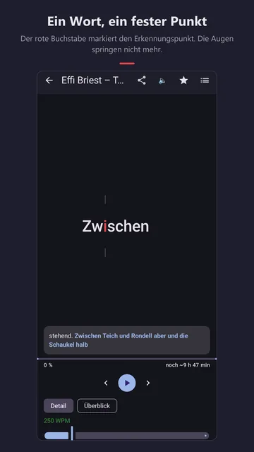 Leseansicht aus „Effi Briest“: das Wort „Zwischen“ zwischen zwei Zielmarken, das i in Rot, darunter der Satz im Zusammenhang und der Tempo-Regler bei 250 WPM.