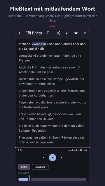 Fließtext-Modus: Absätze aus „Effi Briest“, das aktuelle Wort „Zwischen“ ist hervorgehoben.