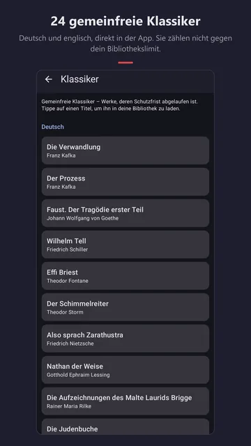 Liste der Klassiker, darunter „Die Verwandlung“ und „Der Prozess“ von Franz Kafka, „Faust“, „Wilhelm Tell“ und „Effi Briest“.