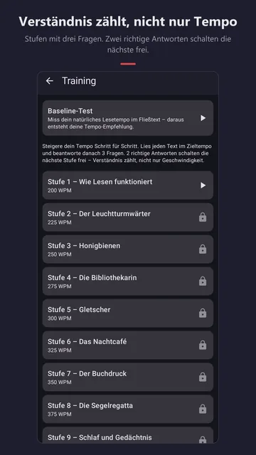 Training: Lesetempo-Test oben, darunter zehn Stufen von 200 bis 425 Wörtern pro Minute; ab Stufe 2 mit Schloss.