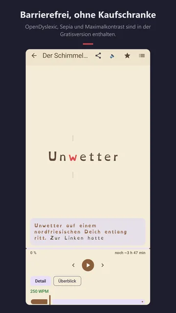 Leseansicht im Sepia-Design mit OpenDyslexic: das Wort „Unwetter“ aus „Der Schimmelreiter“, das w in Rot.