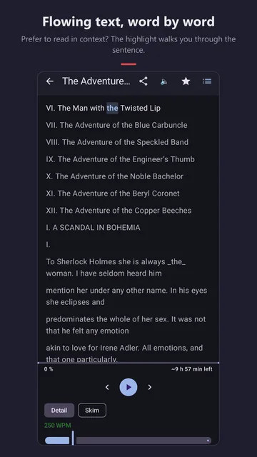 Flow mode: the table of contents and opening of a Sherlock Holmes story, the current word is highlighted.