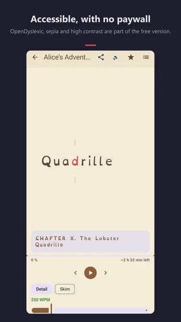 Reading view in the sepia theme with OpenDyslexic: the word “Quadrille” from “Alice’s Adventures in Wonderland”, the d in red.