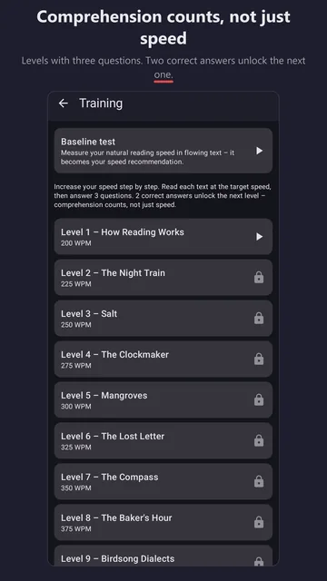 Training: baseline test at the top, below it levels from 200 to 400 words per minute; from level 2 on with a lock.